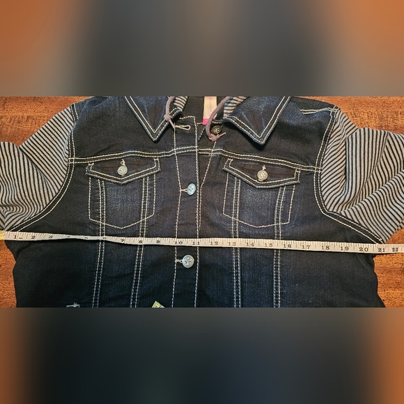 No Boundaries Combo Denim Sherpa Button Up Hooded Blue Gray Jean Jacket Jr's XXL - Picture 12 of 13